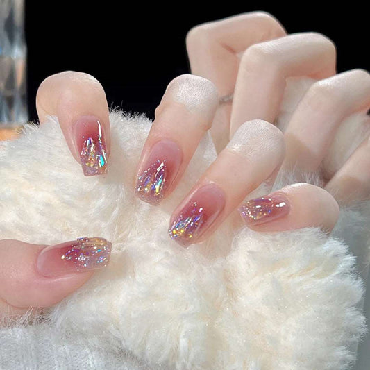 Short - Medium Handmade Press On Nails 24 Pcs Pink with Shinny Gems