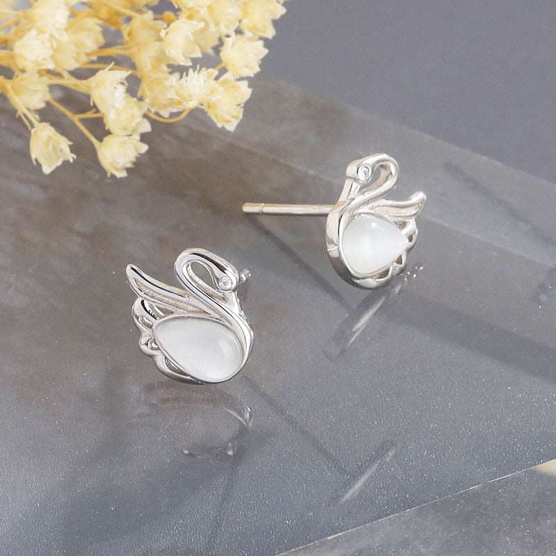 A Pair of Swan Ear Studs S925 Silver Sterling with Cat's Eye Stone for Women