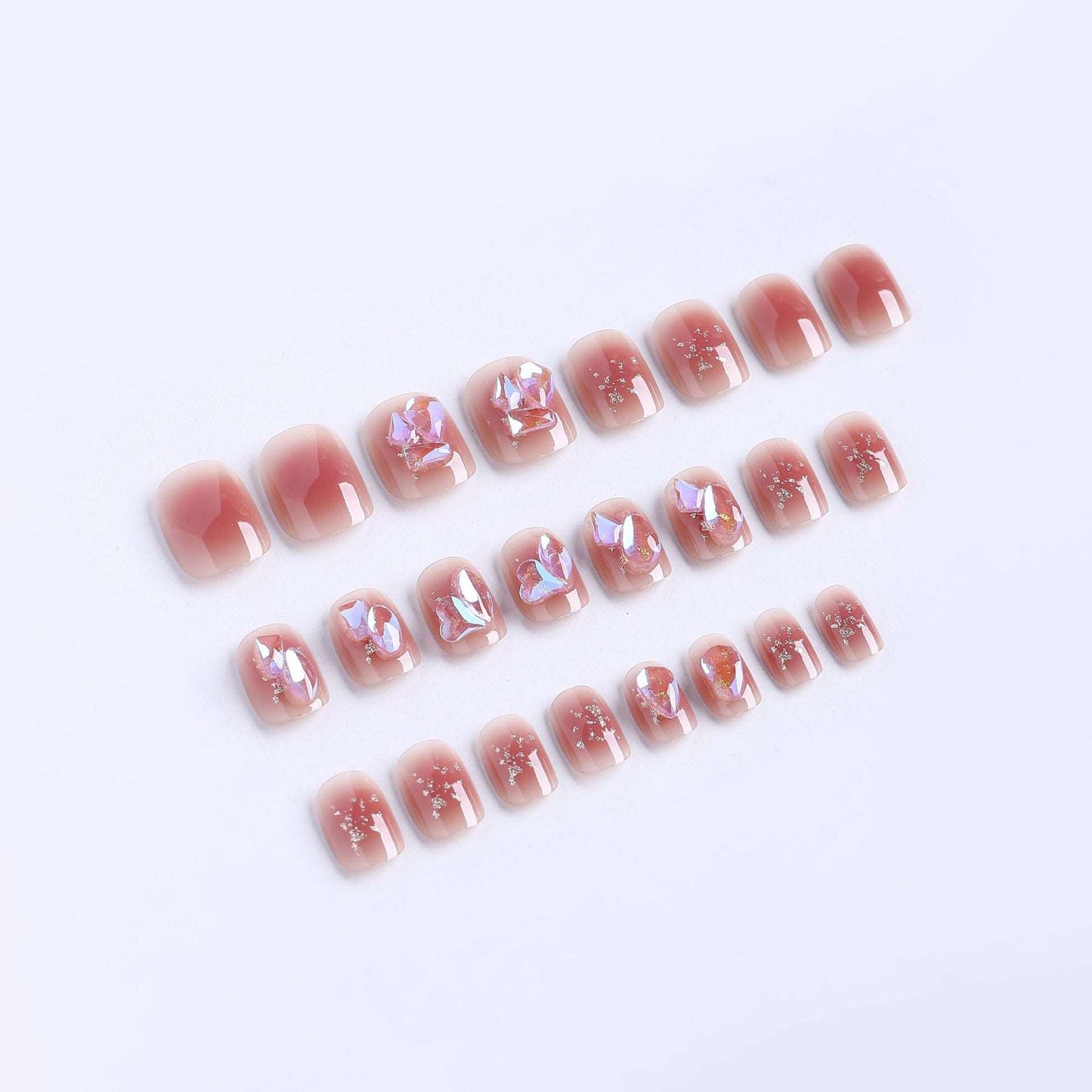 Short Press On Nails 24 Pcs Pink with Shinny Gems