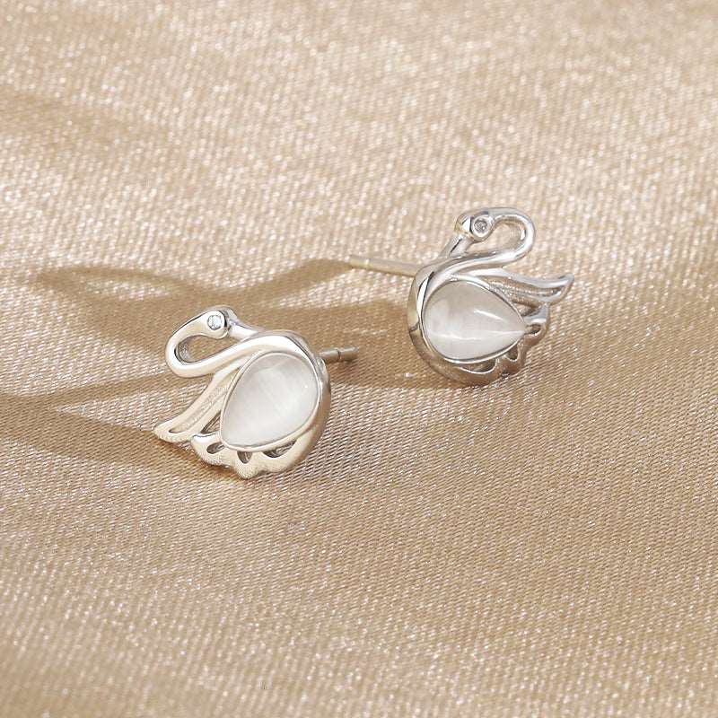 A Pair of Swan Ear Studs S925 Silver Sterling with Cat's Eye Stone for Women