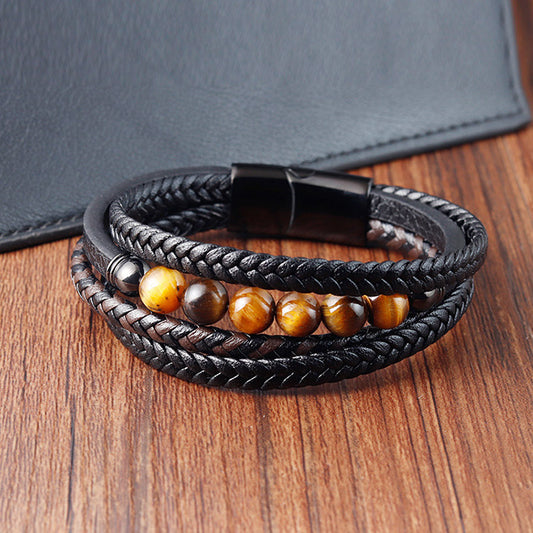 4 Layers Tiger's Eye Genuine Leather Bracelet for Men