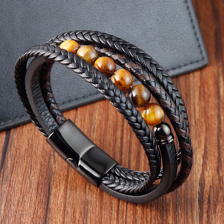 4 Layers Tiger's Eye Genuine Leather Bracelet for Men