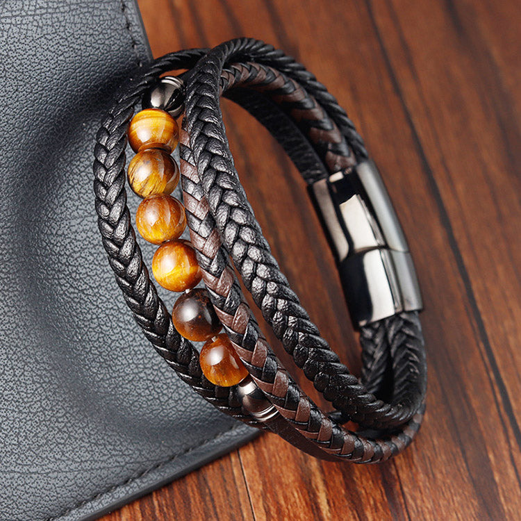 4 Layers Tiger's Eye Genuine Leather Bracelet for Men