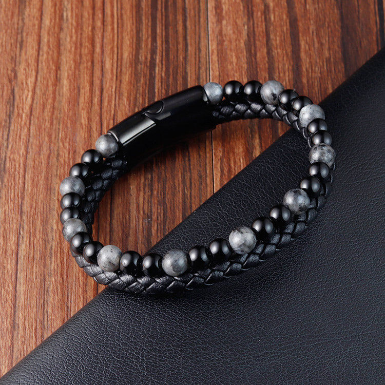 Braid Tiger Stone Genuine Leather Bracelet for Men