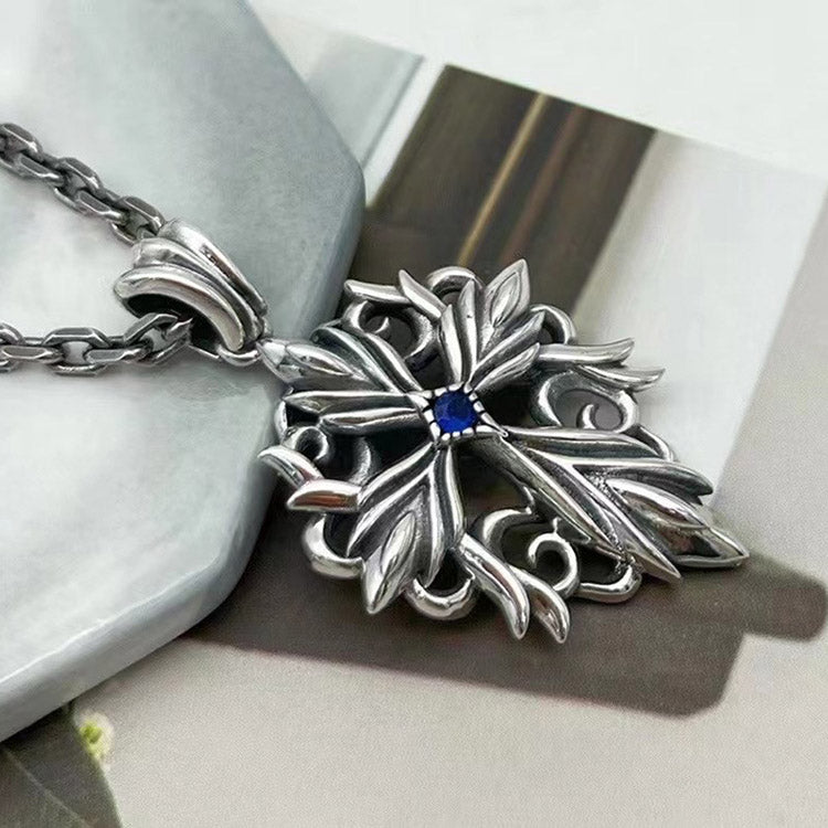 Handcrafted Blue Diamond Flame Cross S925 Sterling Silver Pendant