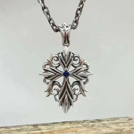 Handcrafted Blue Diamond Flame Cross S925 Sterling Silver Pendant