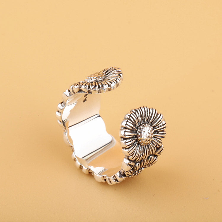 Handcrafted Daisy S925 Sterling Silver Adjustable Ring for Both Men and Women