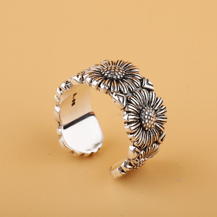 Handcrafted Daisy S925 Sterling Silver Adjustable Ring for Both Men and Women