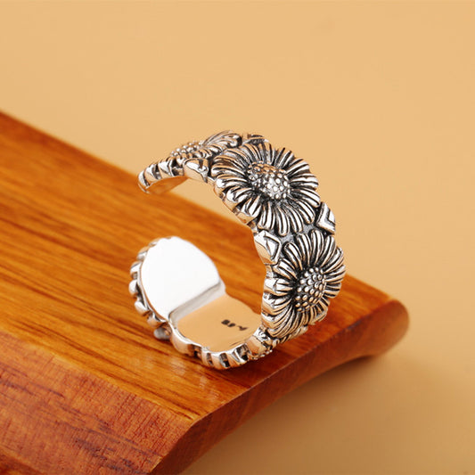 Handcrafted Daisy S925 Sterling Silver Adjustable Ring for Both Men and Women