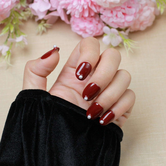 1 Pack Red Rose Pearl Short False Nails