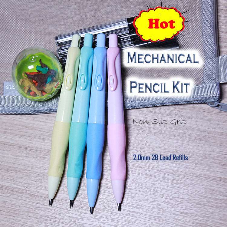 4 Pcs Mechanical Pencil for Students in a Pencil Bag (2.0mm) Non-Slip Grip 4 Tubes of 2B Lead Refills and 1 Box of Dinosaur Rubber Pencils Kit