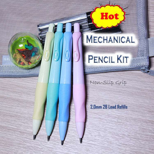 4 Pcs Mechanical Pencil for Students in a Pencil Bag (2.0mm) Non-Slip Grip 4 Tubes of 2B Lead Refills and 1 Box of Dinosaur Rubber Pencils Kit