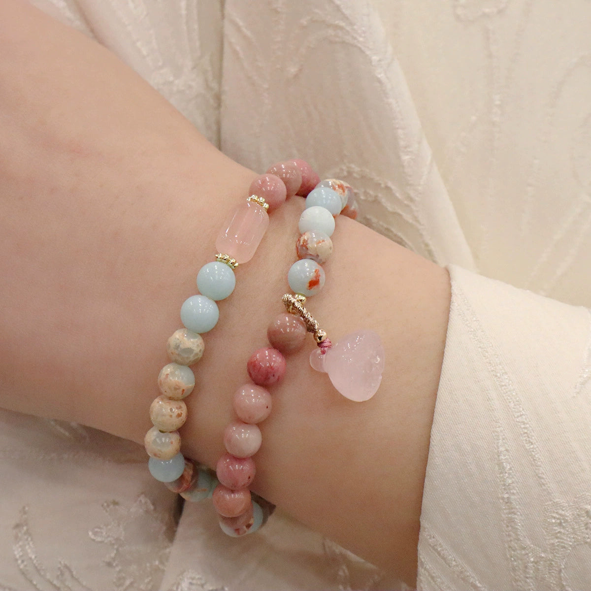 Shoushan Stone, Rose Quartz & Strawberry Quartz Bracelet