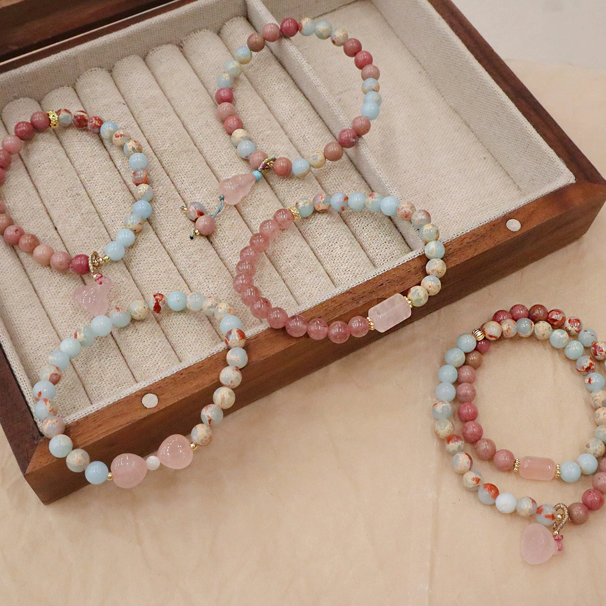 Shoushan Stone, Rose Quartz & Strawberry Quartz Bracelet