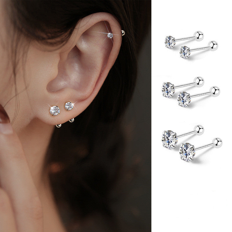 3 Pairs of S925 Silver Sterling Screw Buckle Tragus Cartilage Ear Jewelry