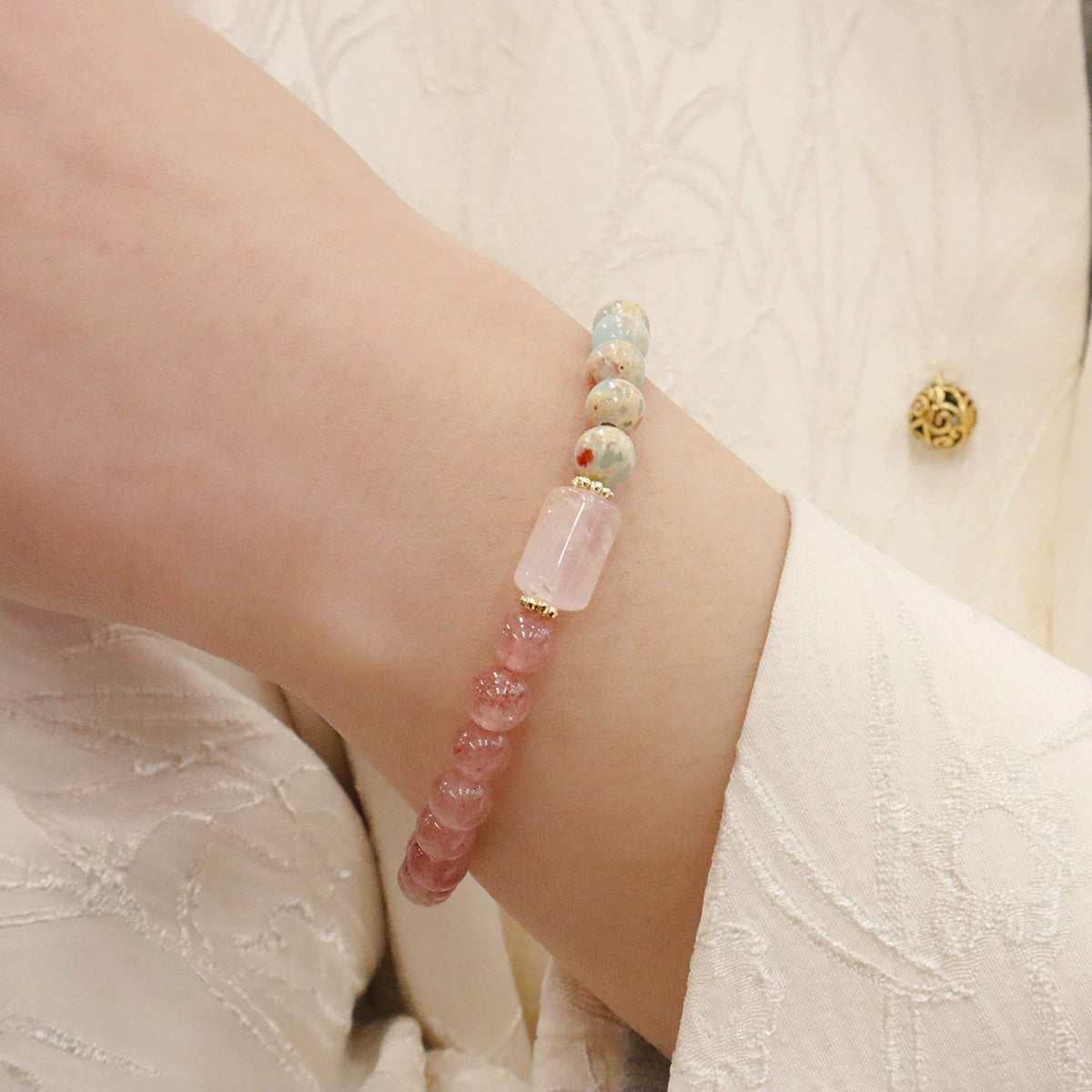 Shoushan Stone, Rose Quartz & Strawberry Quartz Bracelet