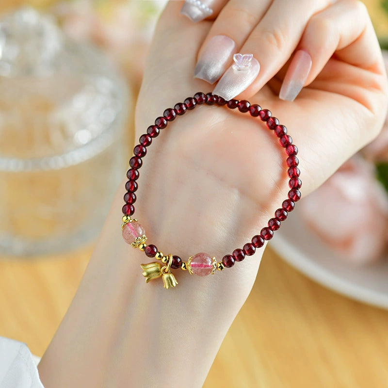 Garnet & Orchid Pendant with Strawberry Quartz Bracelet Single Loop