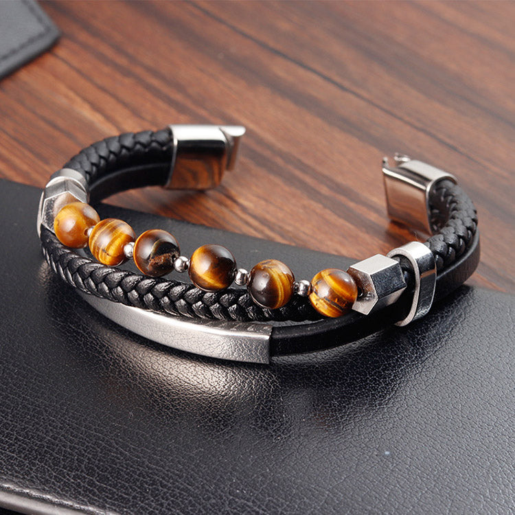 Tiger's Eye Stone Genuine Leather Bracelet for Men