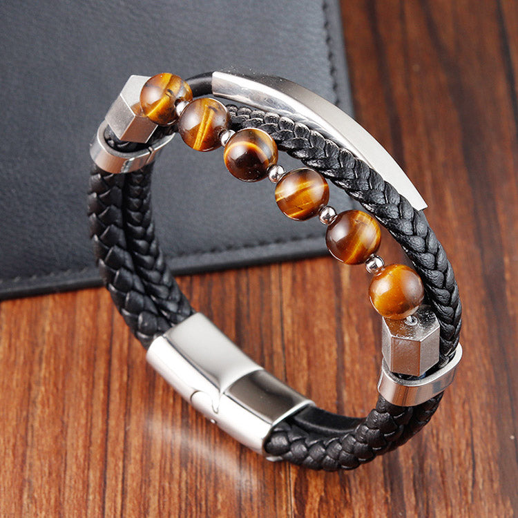 Tiger's Eye Stone Genuine Leather Bracelet for Men