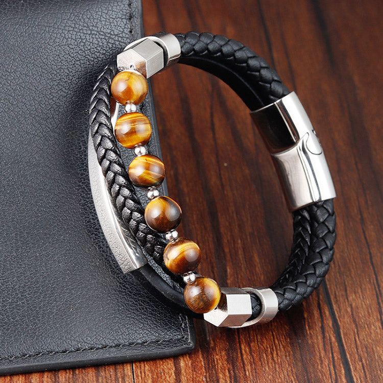 Tiger's Eye Stone Genuine Leather Bracelet for Men