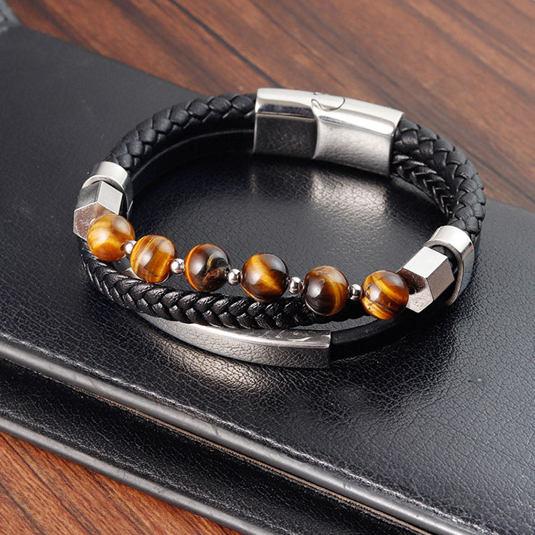 Tiger's Eye Stone Genuine Leather Bracelet for Men