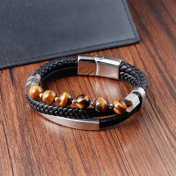 Tiger's Eye Stone Genuine Leather Bracelet for Men