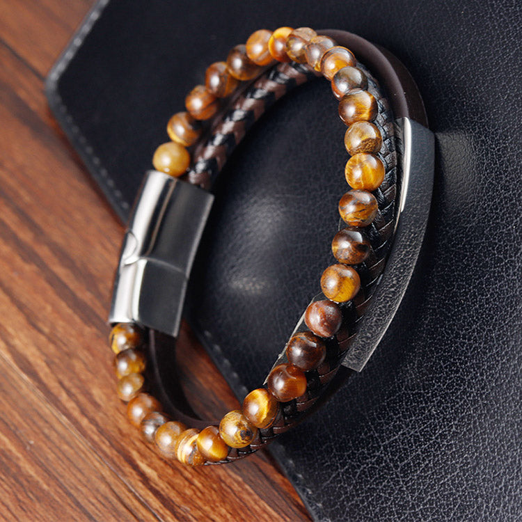 Tiger's Eye Genuine Leather Braided Bracelet for Men