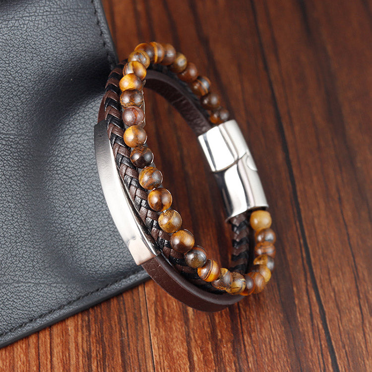 Tiger's Eye Genuine Leather Braided Bracelet for Men