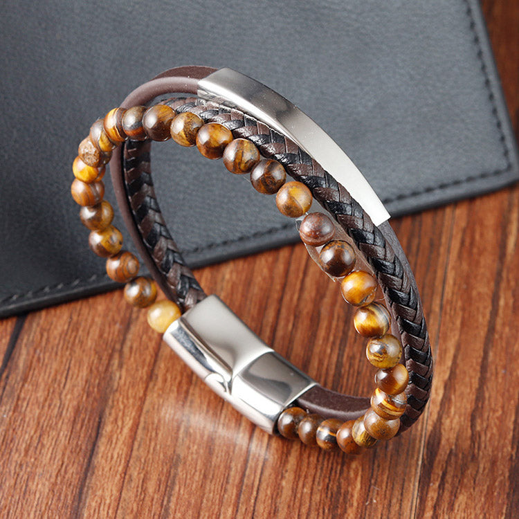 Tiger's Eye Genuine Leather Braided Bracelet for Men