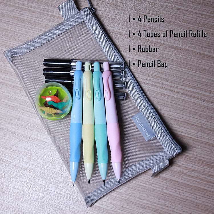 4 Pcs Mechanical Pencil for Students in a Pencil Bag (2.0mm) Non-Slip Grip 4 Tubes of 2B Lead Refills and 1 Box of Dinosaur Rubber Pencils Kit