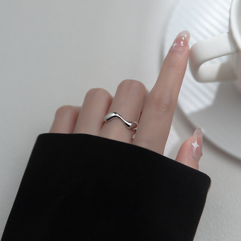 S925 Silver Sterling Ring Female's Wave Shape Ring with Size Adjustable