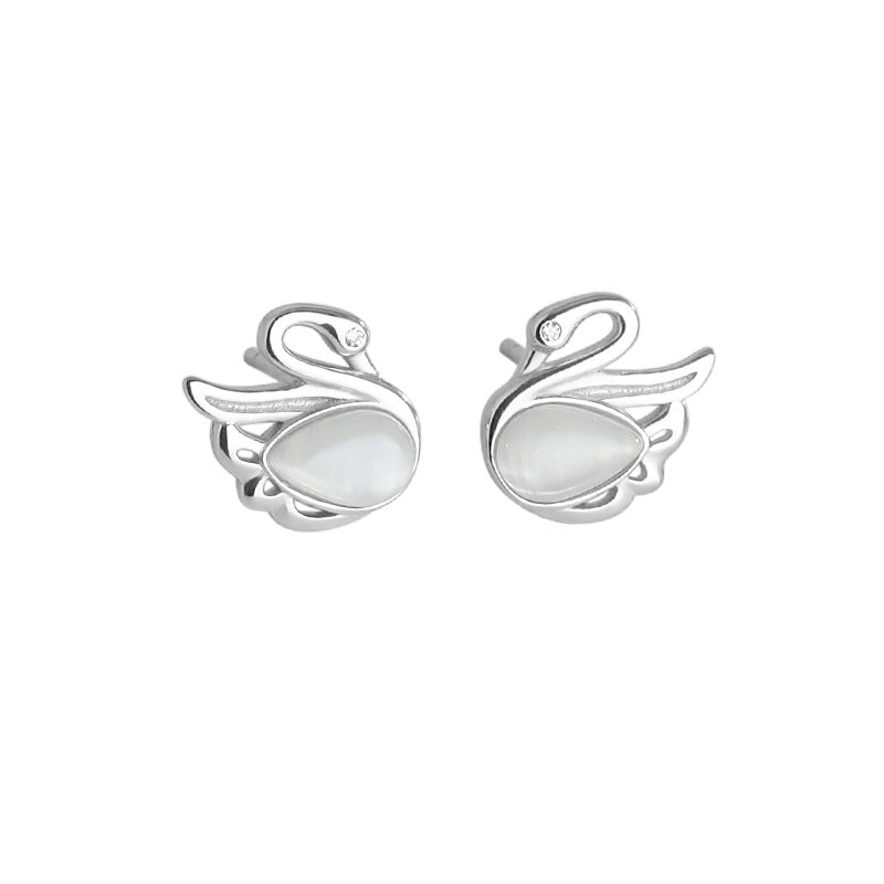 A Pair of Swan Ear Studs S925 Silver Sterling with Cat's Eye Stone for Women