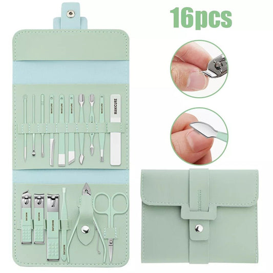 Professional Pedicure Kit Nail Clippers Portable Set Exfoliating Tools with PU Leather Case Green Manicure Set 16 in 1